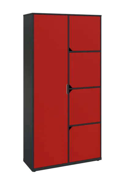 KSR6-82 L skříň šatní, 1x výsuvné ramínko, 4x dvířka, 2053x1022x400 mm, provedení levé, antracit/červená